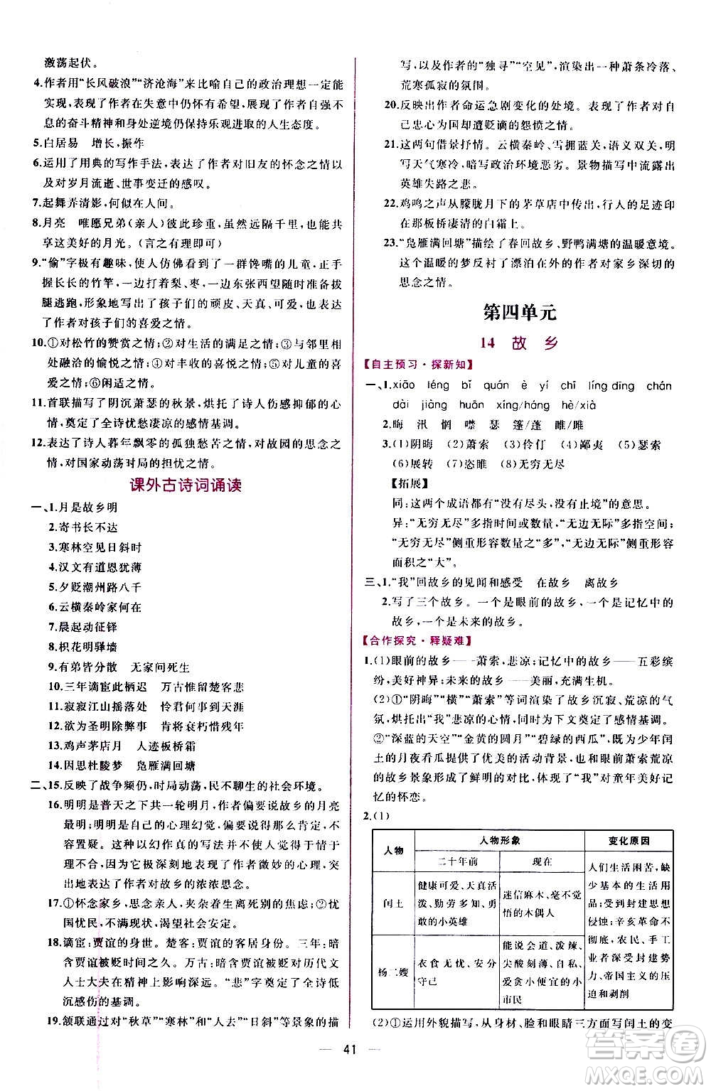 人民教育出版社2020年同步學歷案課時練語文九年級上冊部編版答案