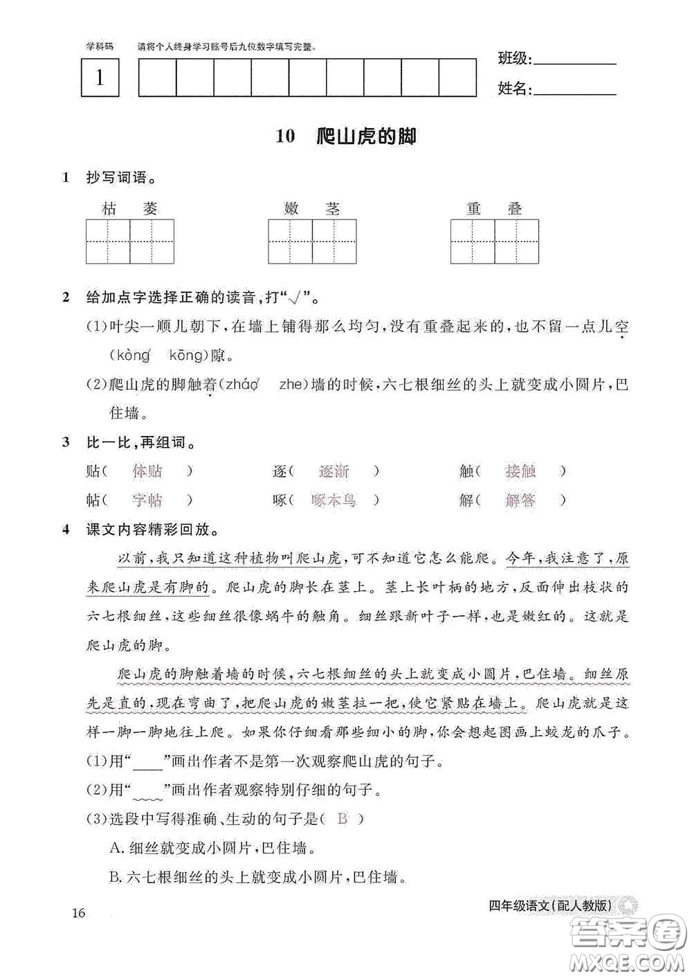 江西教育出版社2020語文作業(yè)本四年級(jí)上冊(cè)人教版答案