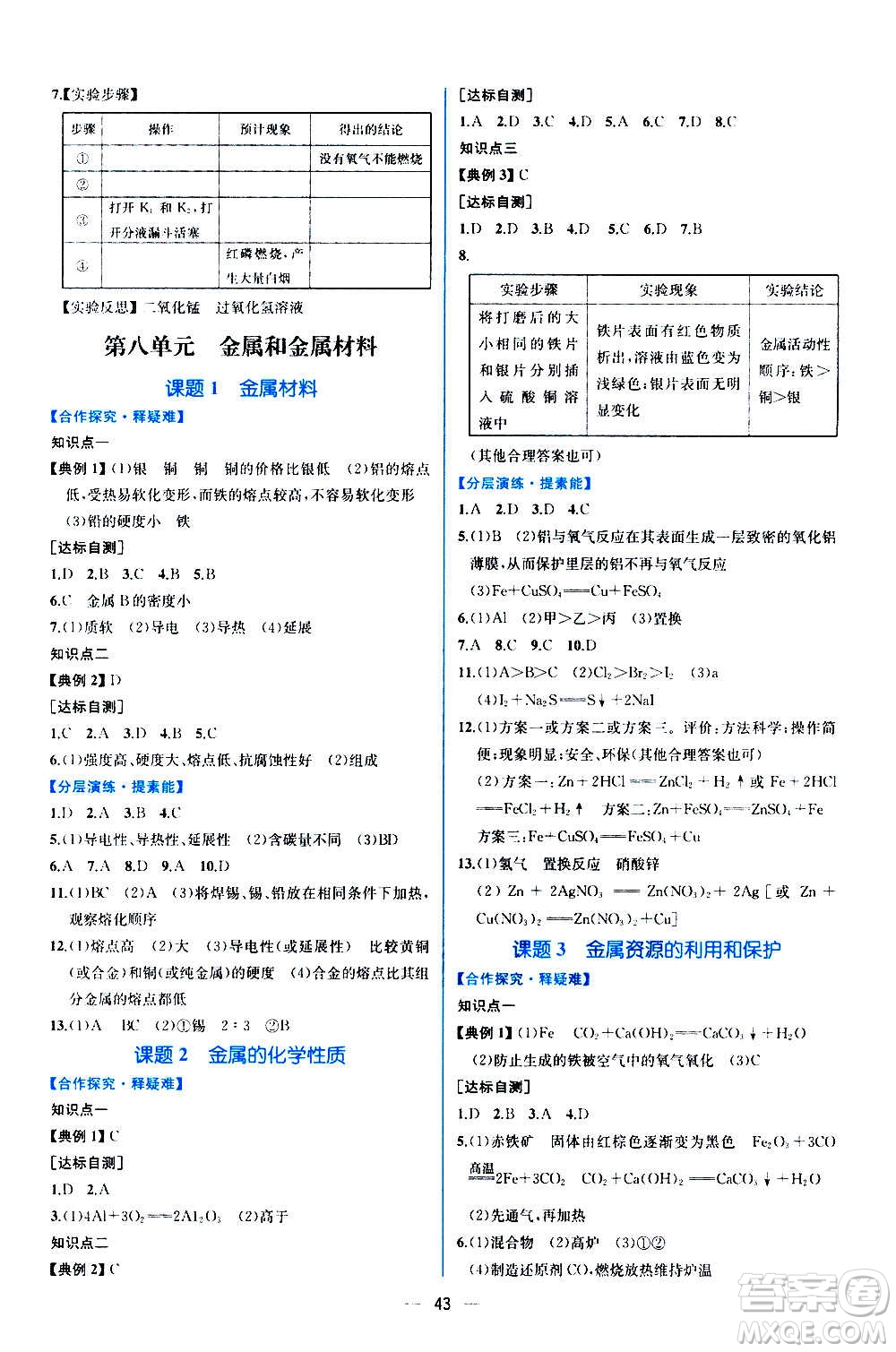 人民教育出版社2020年同步學(xué)歷案課時(shí)練化學(xué)九年級(jí)全一冊(cè)人教版答案