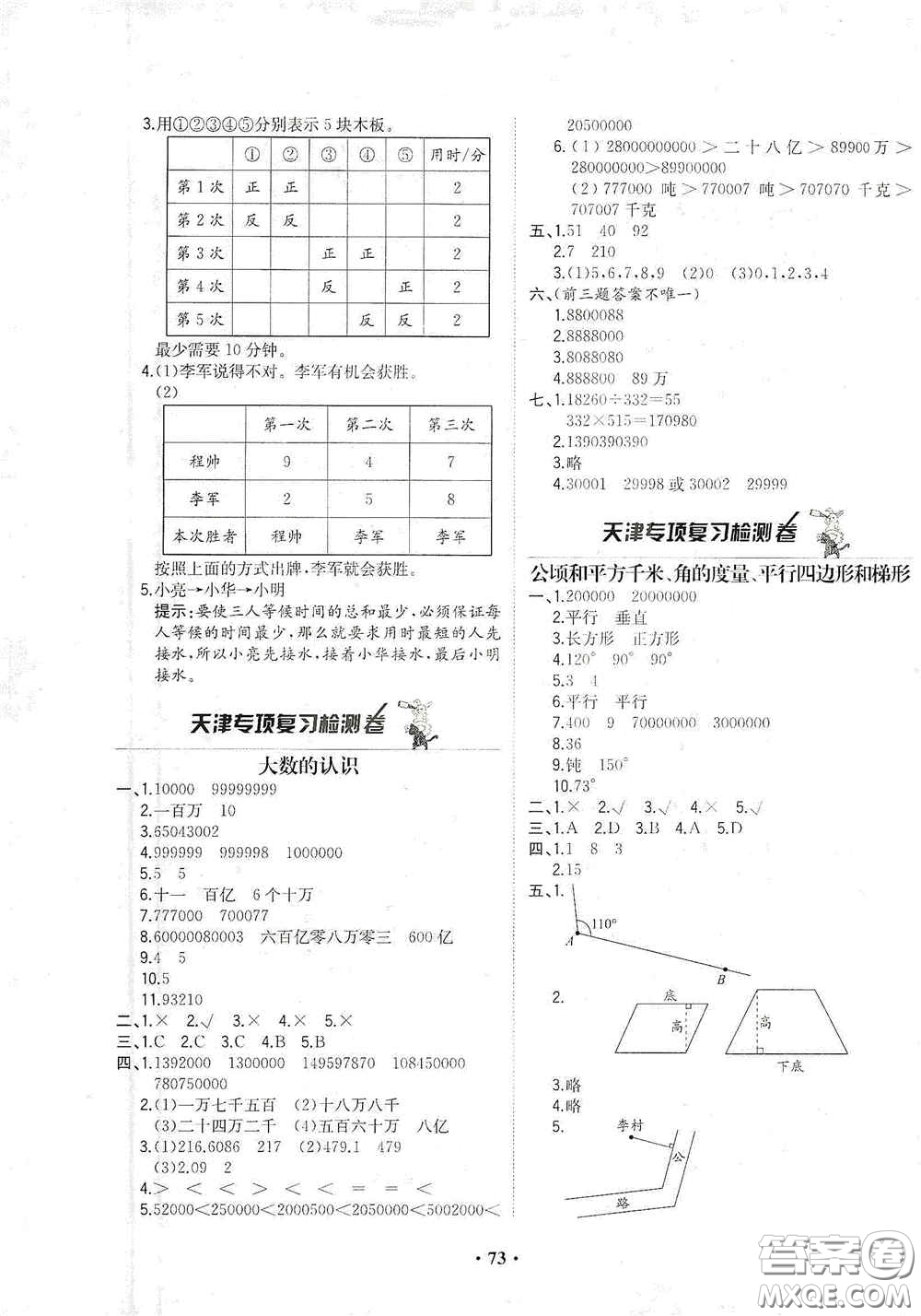 現(xiàn)代教育出版社2020陽光課堂質(zhì)監(jiān)天津單元檢測卷四年級數(shù)學(xué)上冊答案