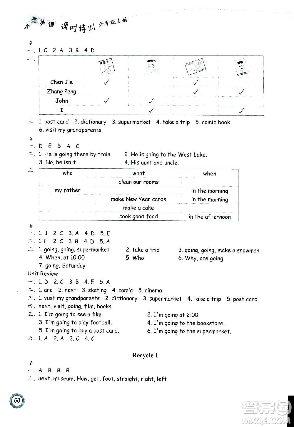 浙江教育出版社2020年小學(xué)英語(yǔ)課時(shí)特訓(xùn)六年級(jí)上冊(cè)答案