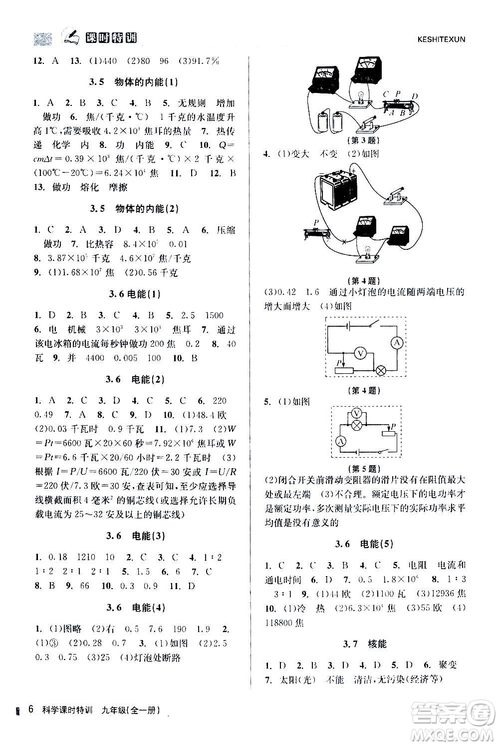 浙江人民出版社2020年課時特訓科學九年級全一冊Z浙教版答案