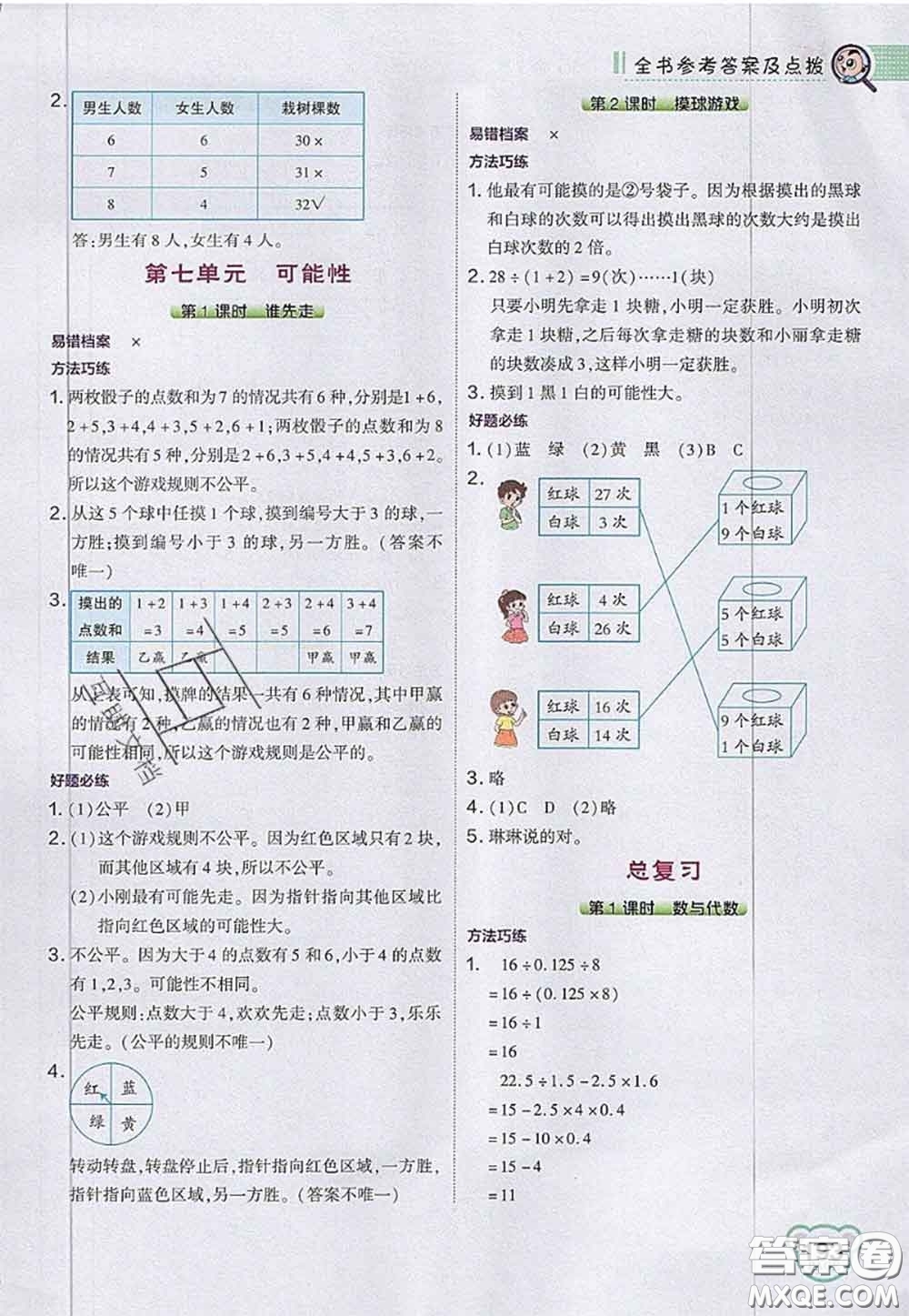 2020秋榮德基特高級教師點撥五年級數(shù)學(xué)上冊北師版參考答案