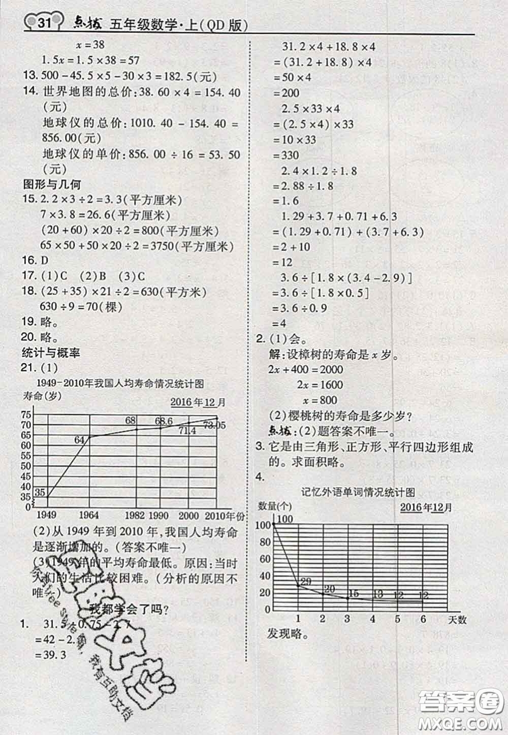 2020秋榮德基特高級(jí)教師點(diǎn)撥五年級(jí)數(shù)學(xué)上冊(cè)青島版參考答案