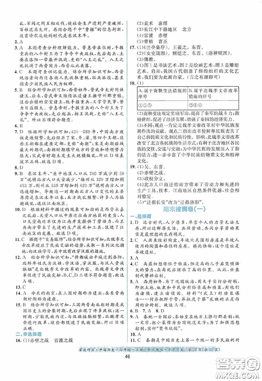 貴州教育出版社2020家庭作業(yè)七年級中國歷史上冊人教版答案