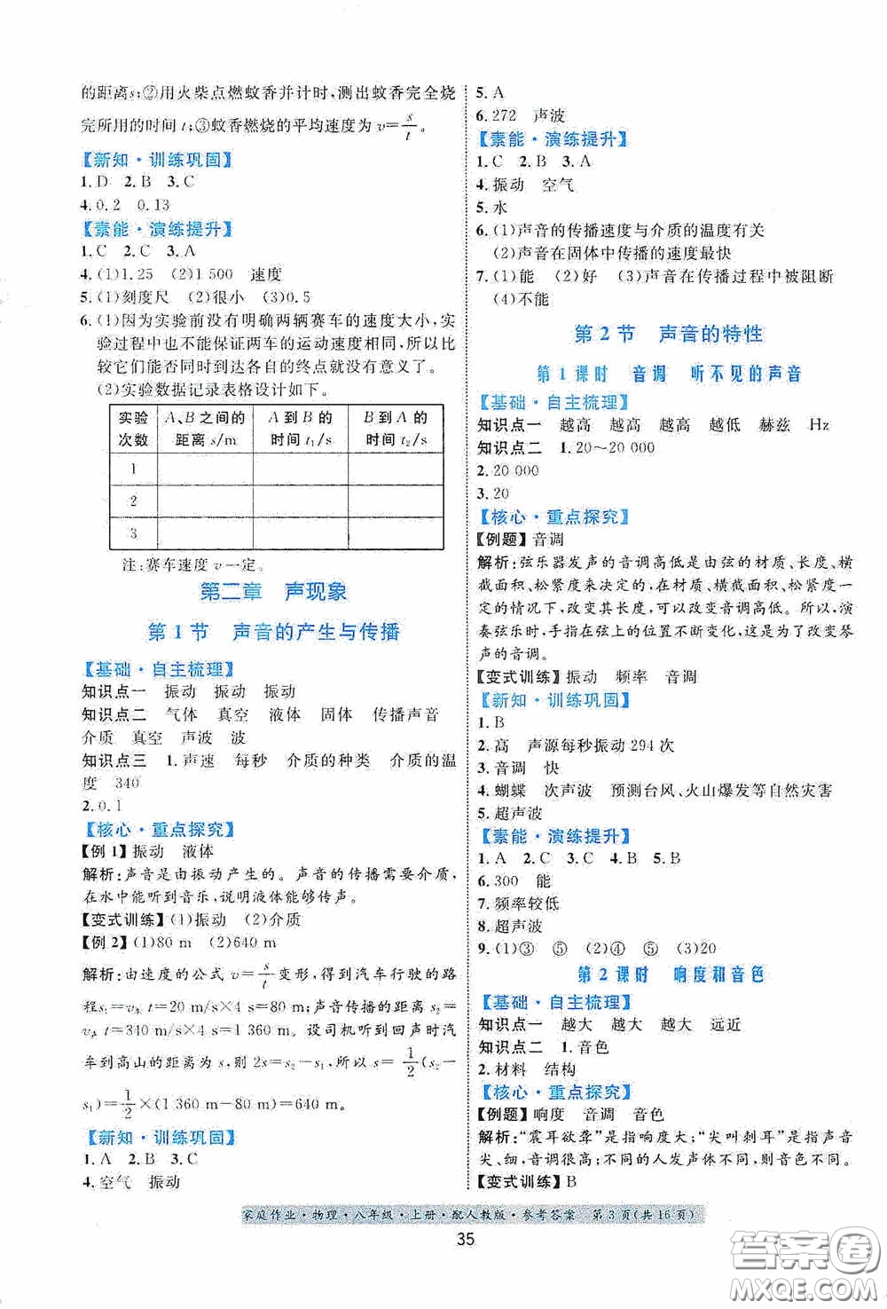 貴州科技出版社2020秋家庭作業(yè)八年級物理上冊人教版答案