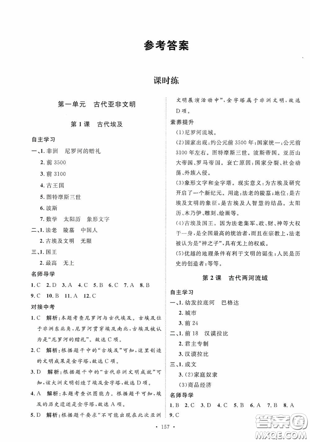 陜西人民出版社2020實驗教材新學(xué)案九年級歷史上冊人教版答案