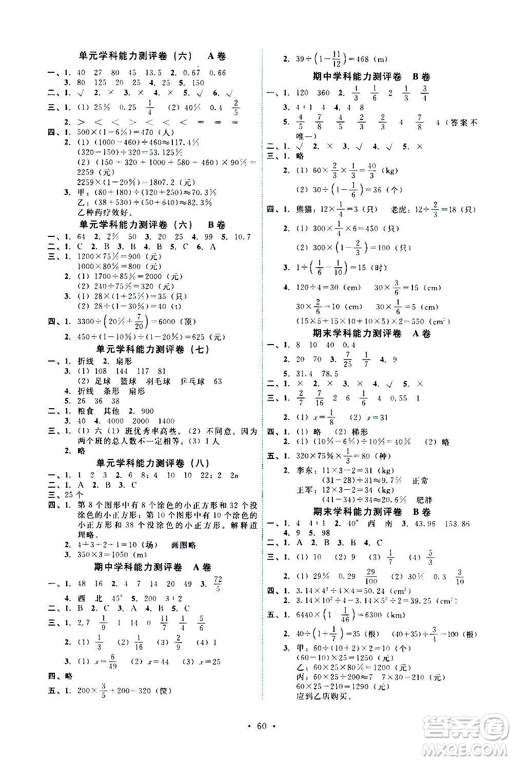 人民教育出版社2020年能力培養(yǎng)與測(cè)試數(shù)學(xué)六年級(jí)上冊(cè)人教版湖南專(zhuān)版答案