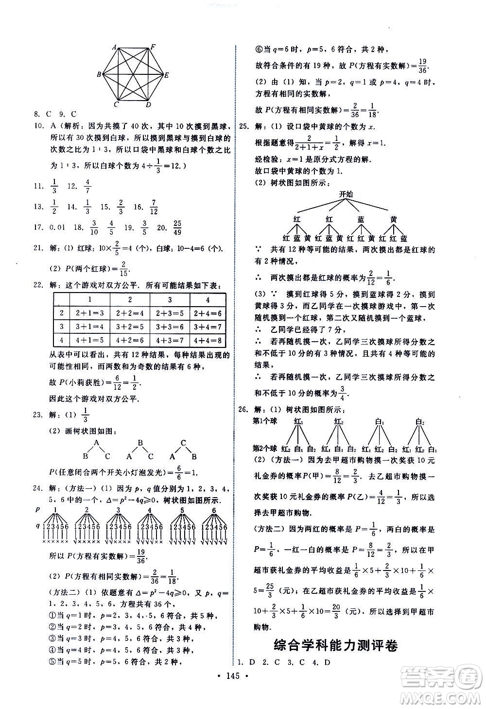 人民教育出版社2020年能力培養(yǎng)與測試數(shù)學(xué)九年級上冊人教版答案