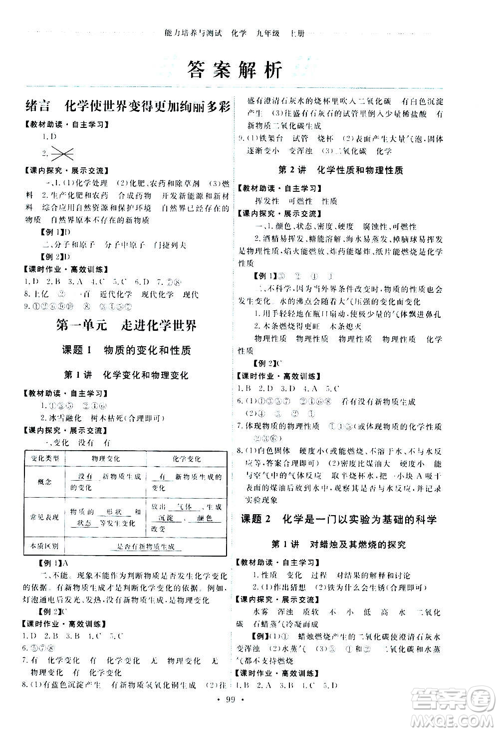 人民教育出版社2020年能力培養(yǎng)與測試化學九年級上冊人教版答案