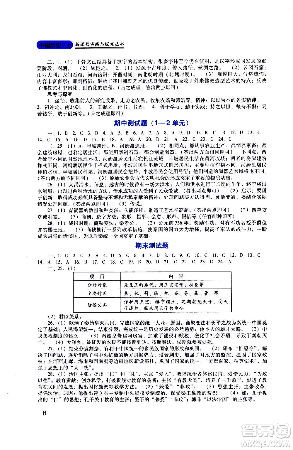 四川教育出版社2020年新課程實(shí)踐與探究叢書歷史七年級上冊人教版答案