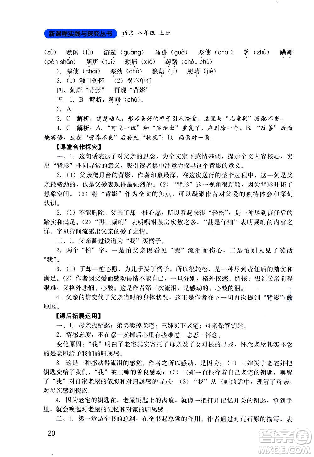 四川教育出版社2020年新課程實踐與探究叢書語文八年級上冊人教版答案