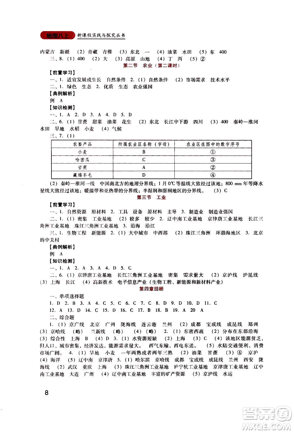 四川教育出版社2020年新課程實(shí)踐與探究叢書地理八年級(jí)上冊(cè)人教版答案