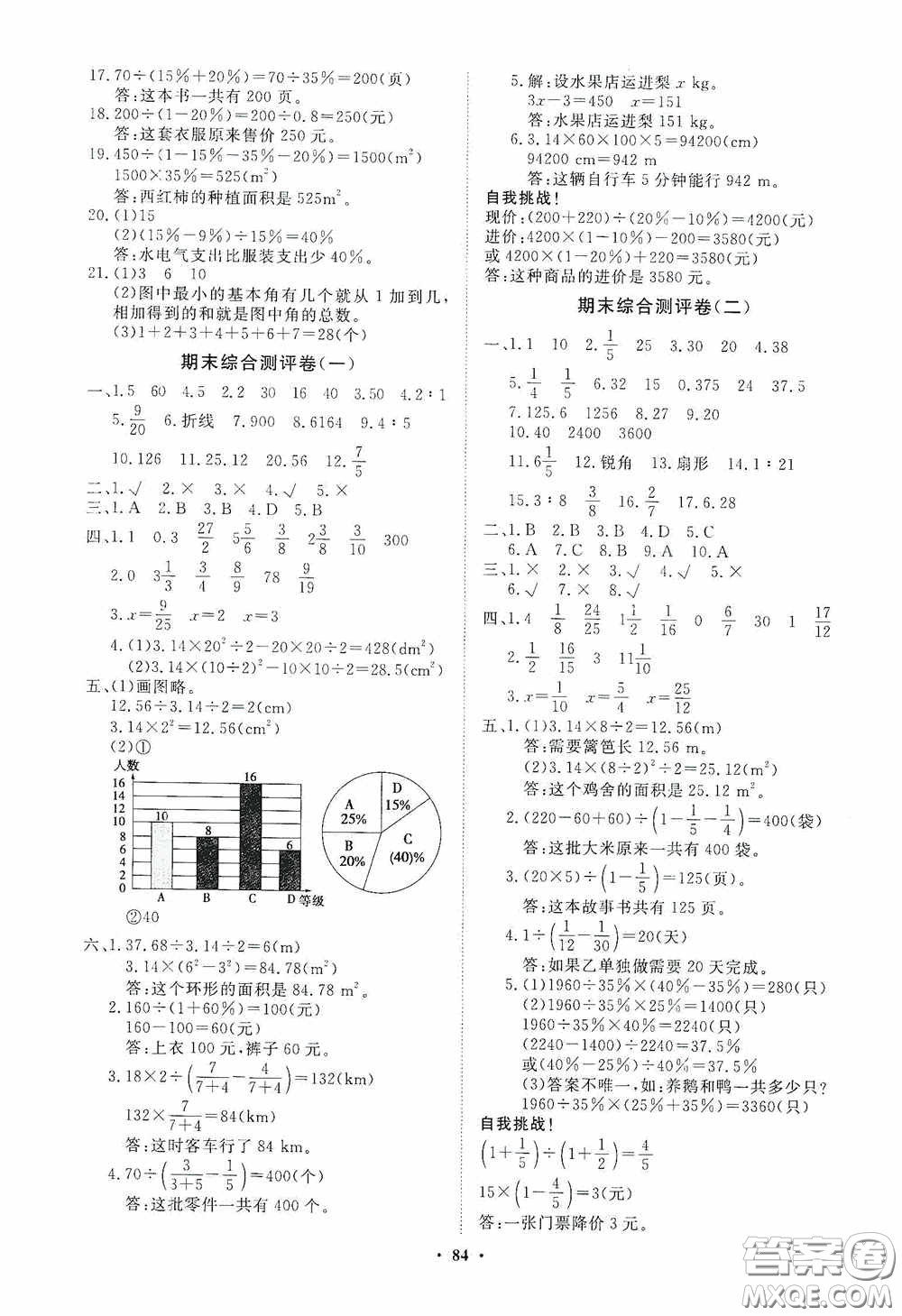 山東教育出版社2020小學同步練習冊分層卷六年級數學上冊人教版答案