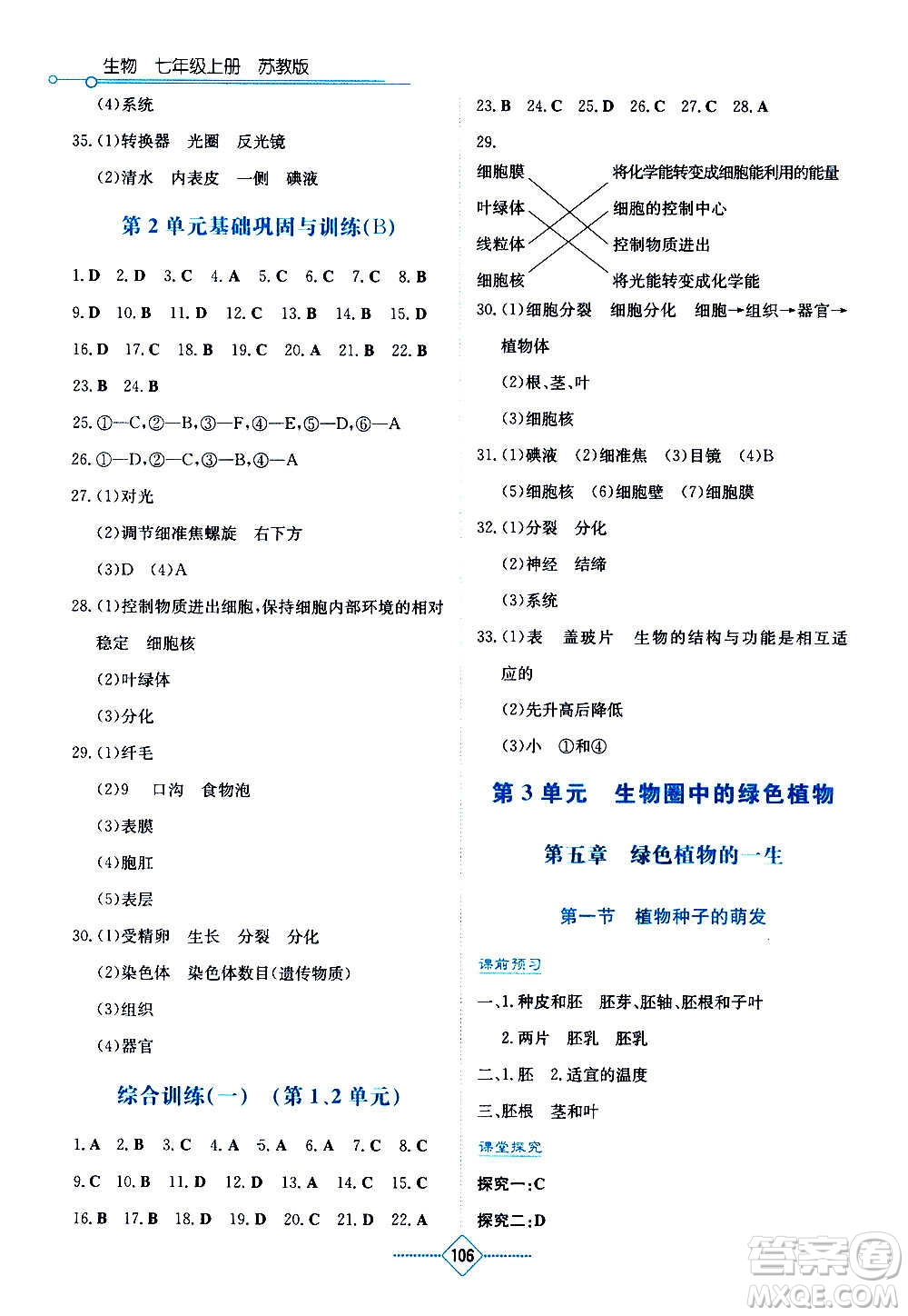 湖南教育出版社2020年學法大視野生物七年級上冊蘇教版答案