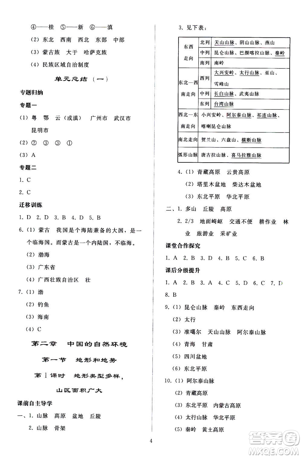 人民教育出版社2020秋同步輕松練習(xí)地理八年級(jí)上冊(cè)人教版答案