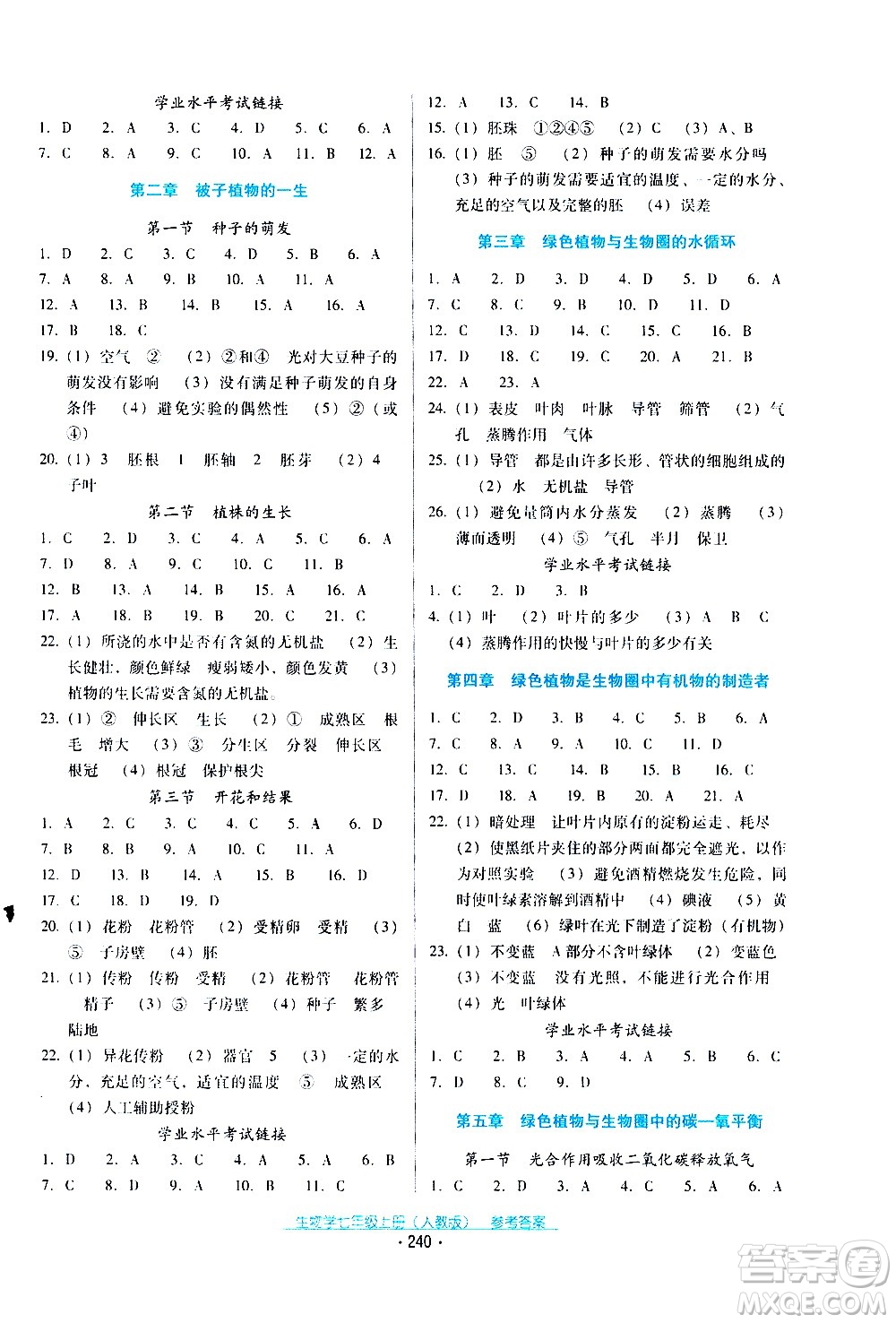 2020年云南省標(biāo)準(zhǔn)教輔優(yōu)佳學(xué)案生物學(xué)七年級上冊人教版答案