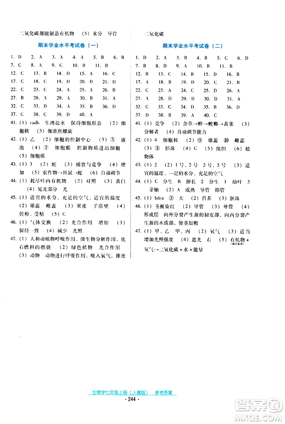 2020年云南省標(biāo)準(zhǔn)教輔優(yōu)佳學(xué)案生物學(xué)七年級上冊人教版答案