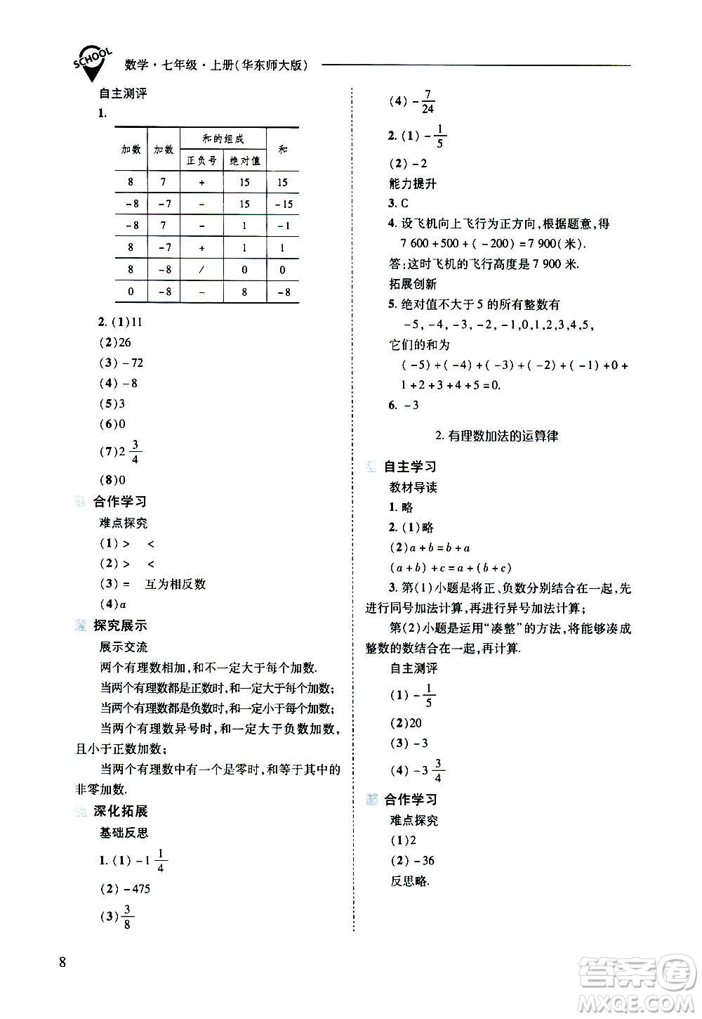 2020秋新課程問題解決導(dǎo)學(xué)方案七年級數(shù)學(xué)上冊華東師大版參考答案