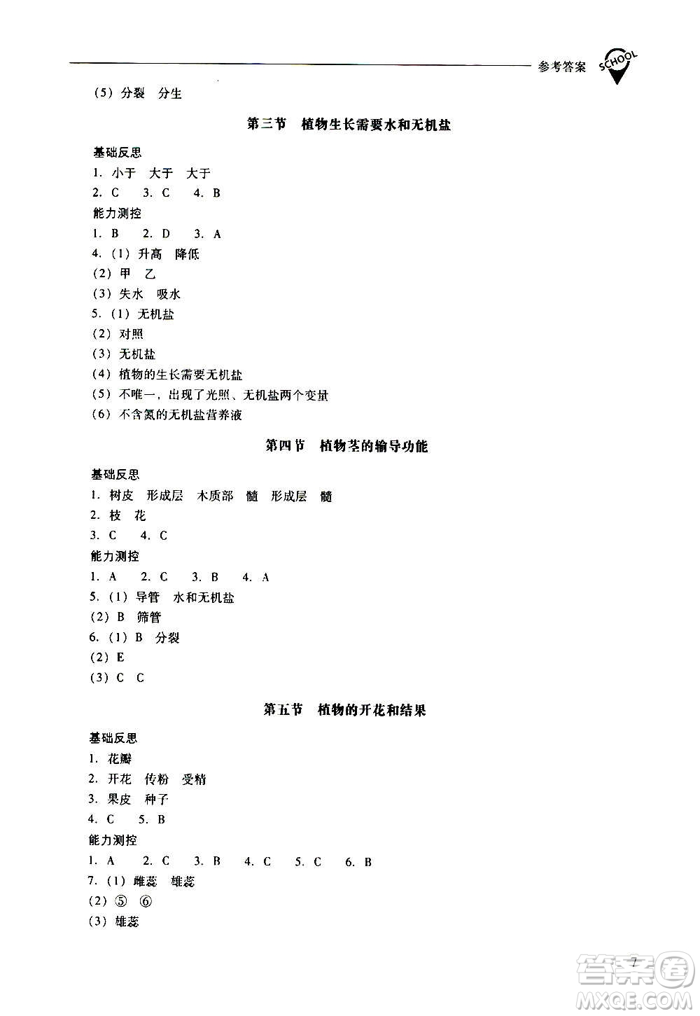 2020秋新課程問題解決導(dǎo)學(xué)方案七年級生物學(xué)上冊鳳凰版參考答案