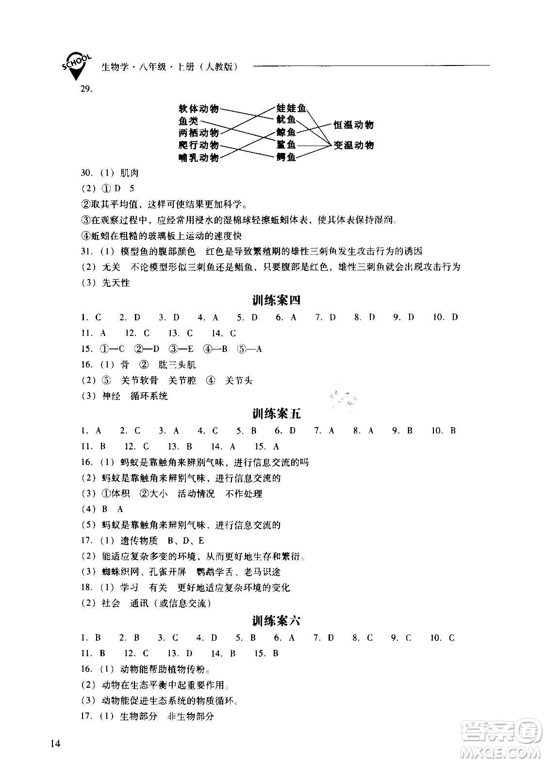 2020秋新課程問題解決導學方案八年級生物學上冊人教版參考答案