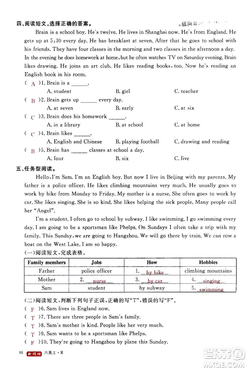 2020年新領(lǐng)程目標(biāo)導(dǎo)學(xué)型高效課堂英語六年級上冊PEP人教版答案