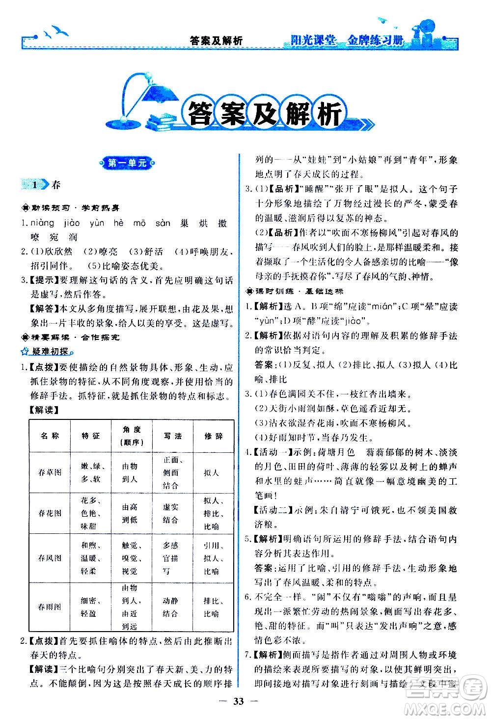 人民教育出版社2020年陽光課堂金牌練習(xí)冊語文七年級上冊人教版答案