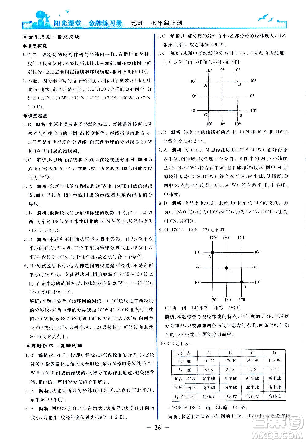 人民教育出版社2020年陽(yáng)光課堂金牌練習(xí)冊(cè)地理七年級(jí)上冊(cè)人教版答案