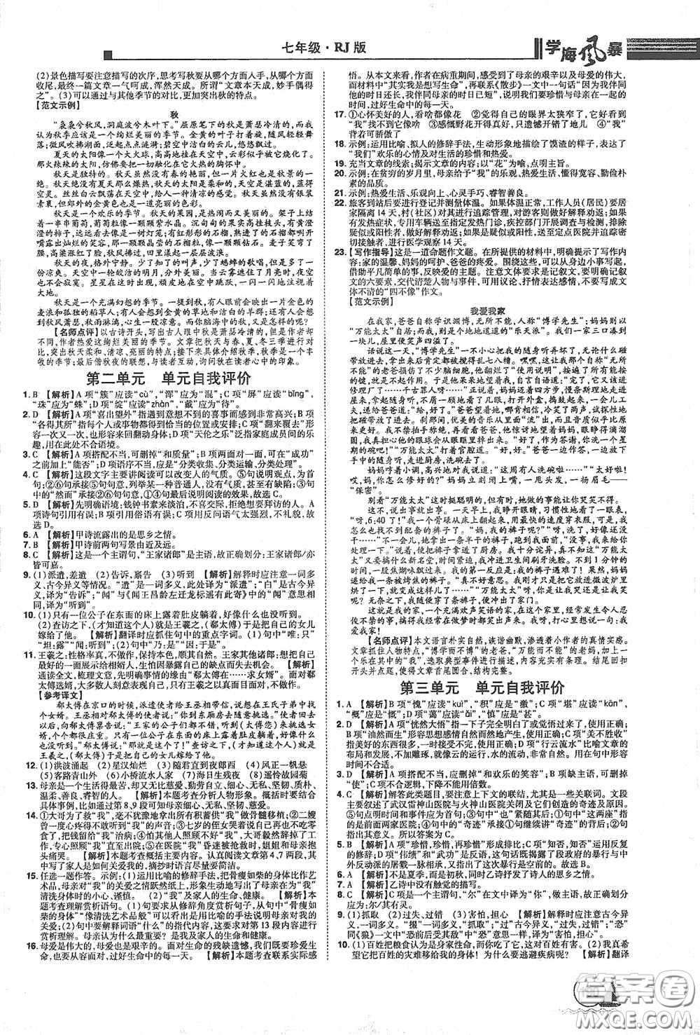 江西美術(shù)出版社2020學(xué)海風(fēng)暴七年級(jí)語(yǔ)文上冊(cè)人教版答案