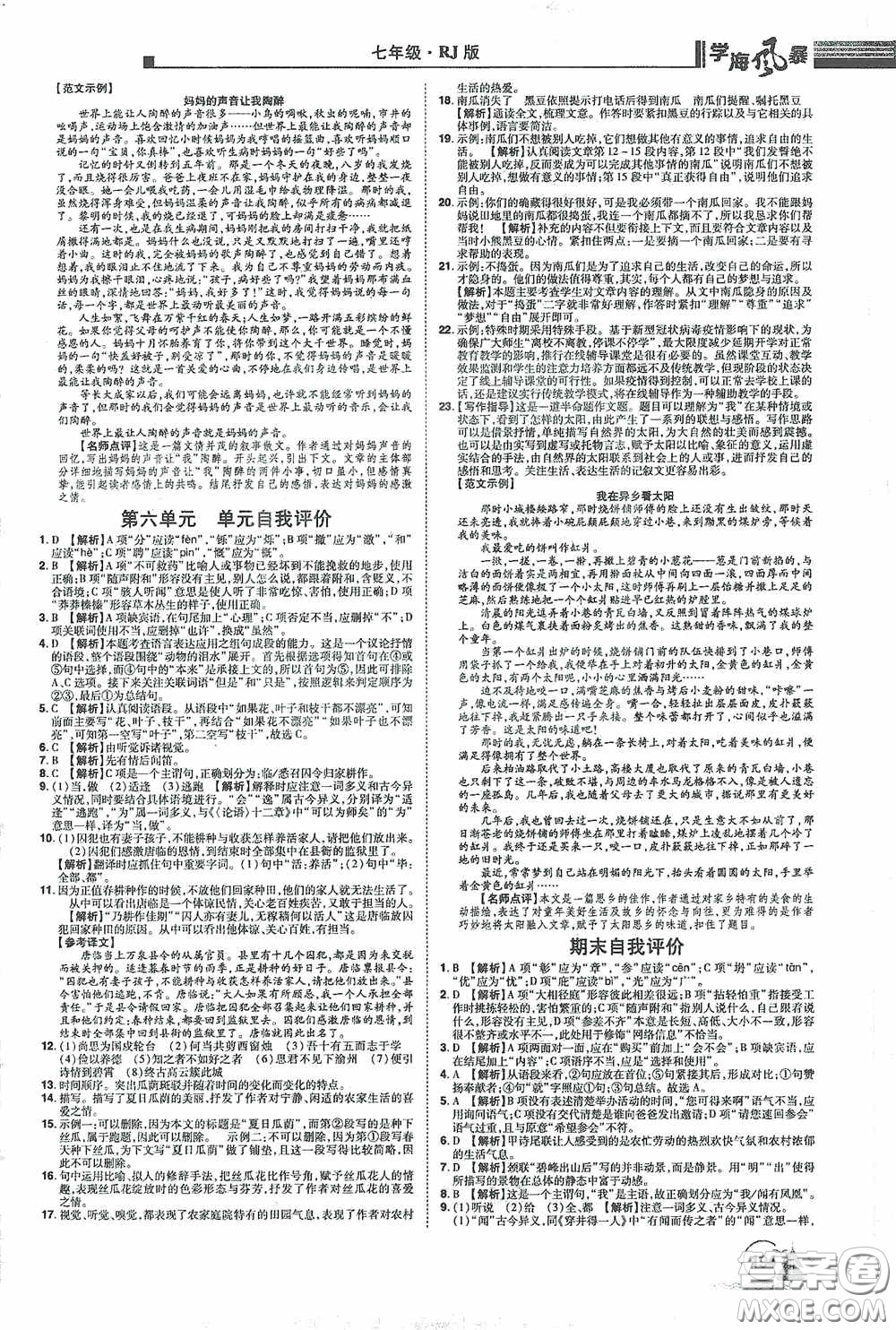 江西美術(shù)出版社2020學(xué)海風(fēng)暴七年級(jí)語(yǔ)文上冊(cè)人教版答案