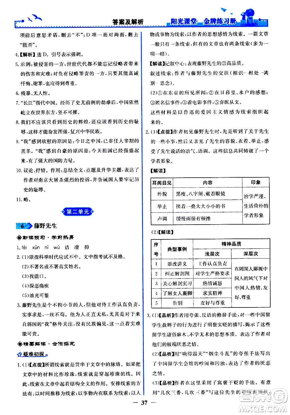 人民教育出版社2020年陽光課堂金牌練習冊語文八年級上冊人教版答案