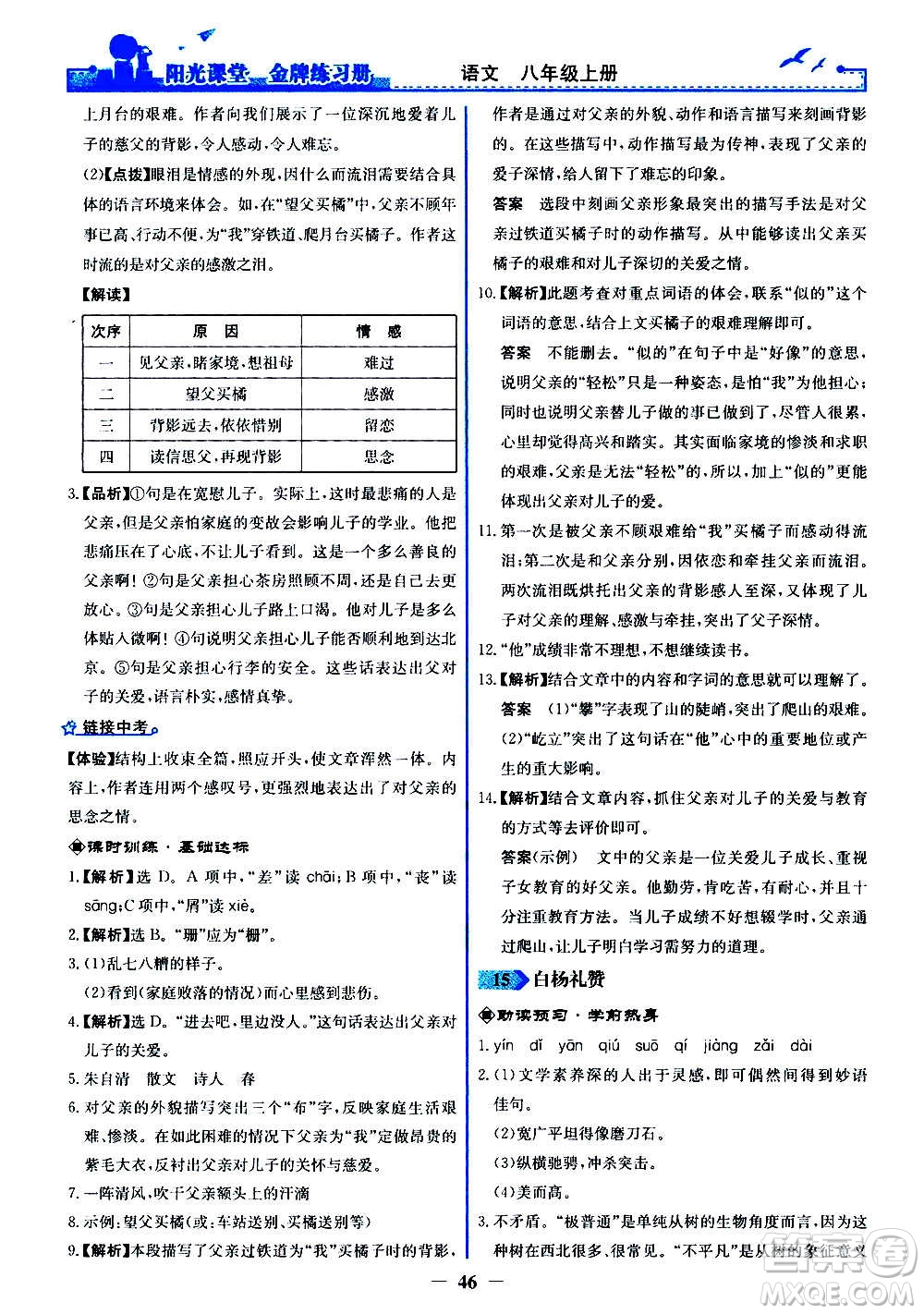 人民教育出版社2020年陽光課堂金牌練習冊語文八年級上冊人教版答案