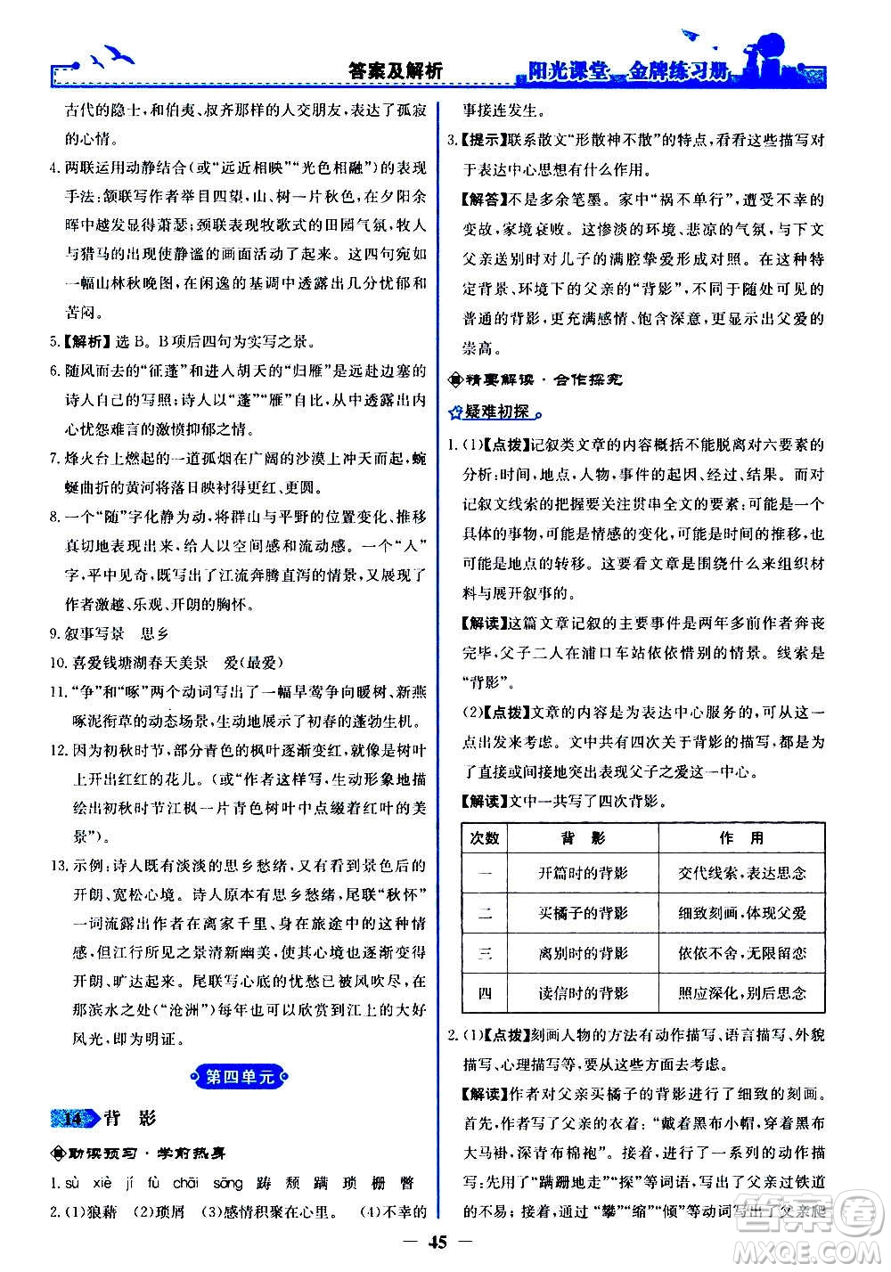 人民教育出版社2020年陽光課堂金牌練習冊語文八年級上冊人教版答案