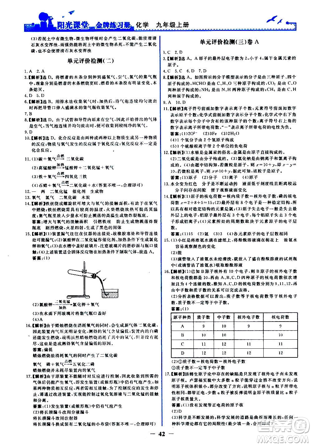 人民教育出版社2020年陽光課堂金牌練習(xí)冊化學(xué)九年級上冊人教版答案