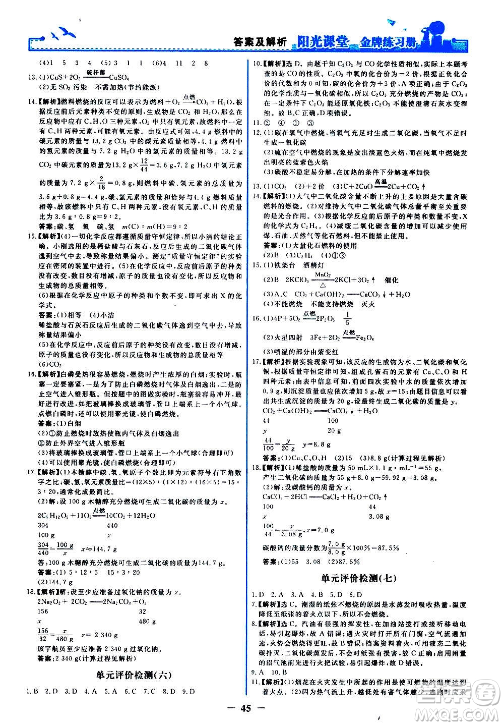 人民教育出版社2020年陽光課堂金牌練習(xí)冊化學(xué)九年級上冊人教版答案