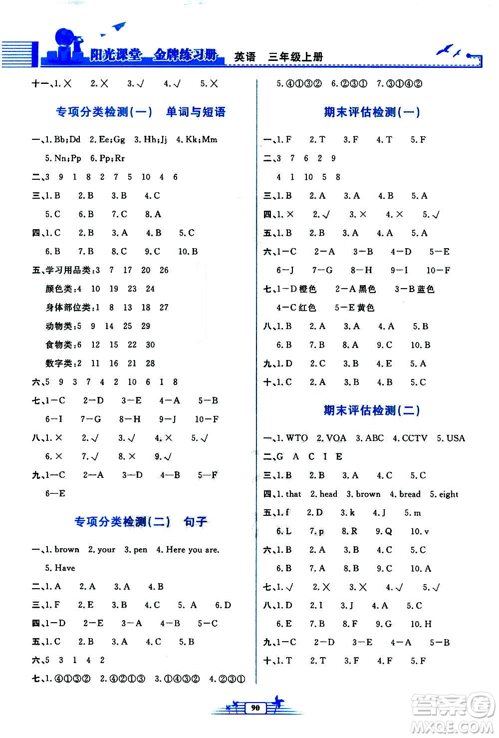 人民教育出版社2020年陽(yáng)光課堂金牌練習(xí)冊(cè)英語(yǔ)三年級(jí)上冊(cè)人教版答案