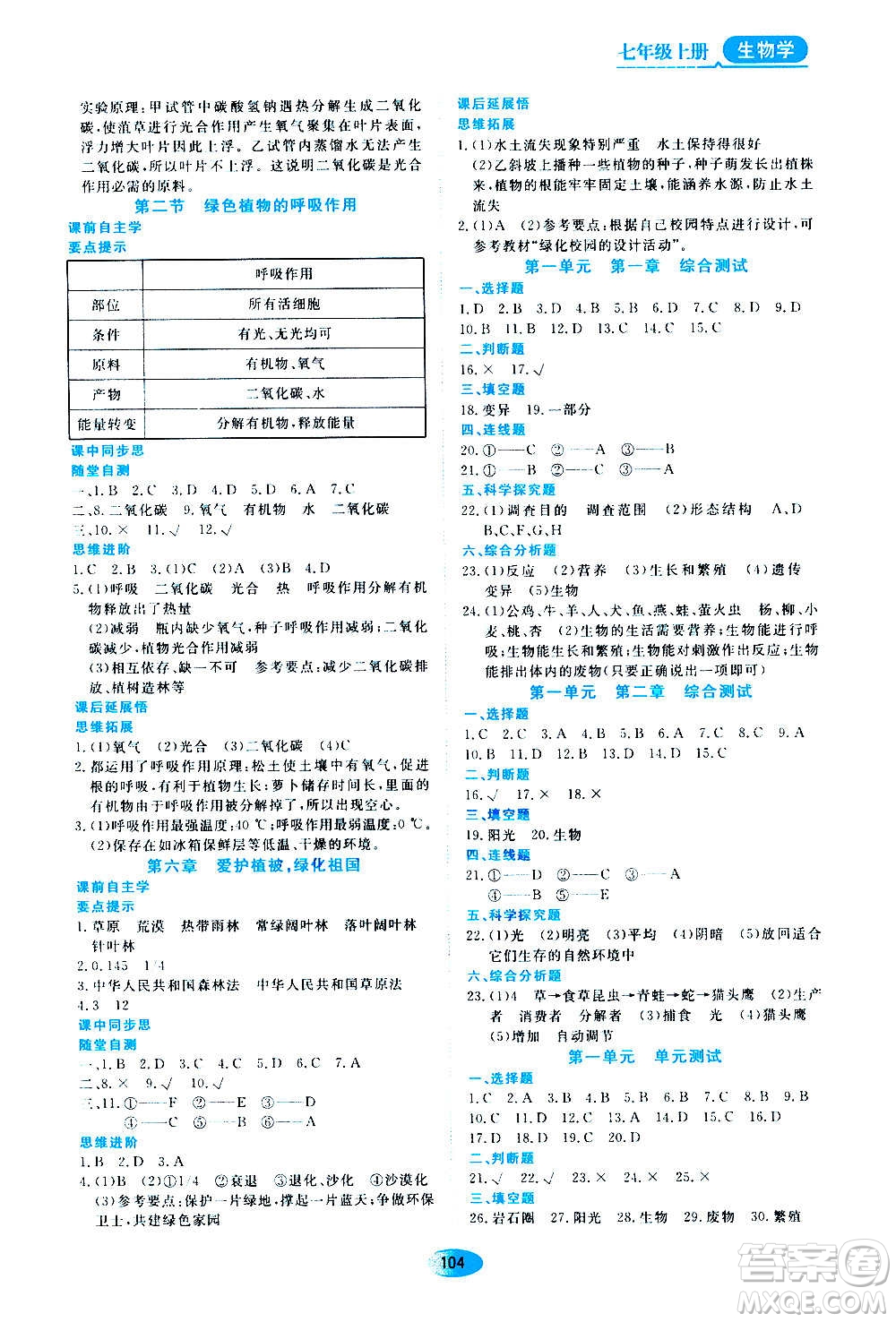 黑龍江教育出版社2020年資源與評(píng)價(jià)生物學(xué)七年級(jí)上冊(cè)人教版參考答案