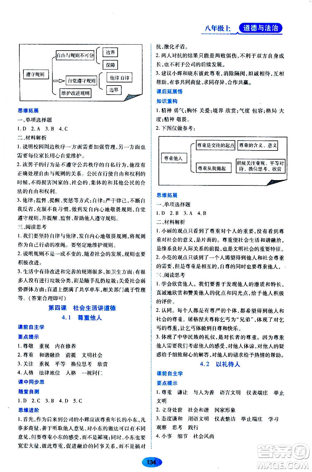 黑龍江教育出版社2020年資源與評價道德與法治八年級上冊人教版答案