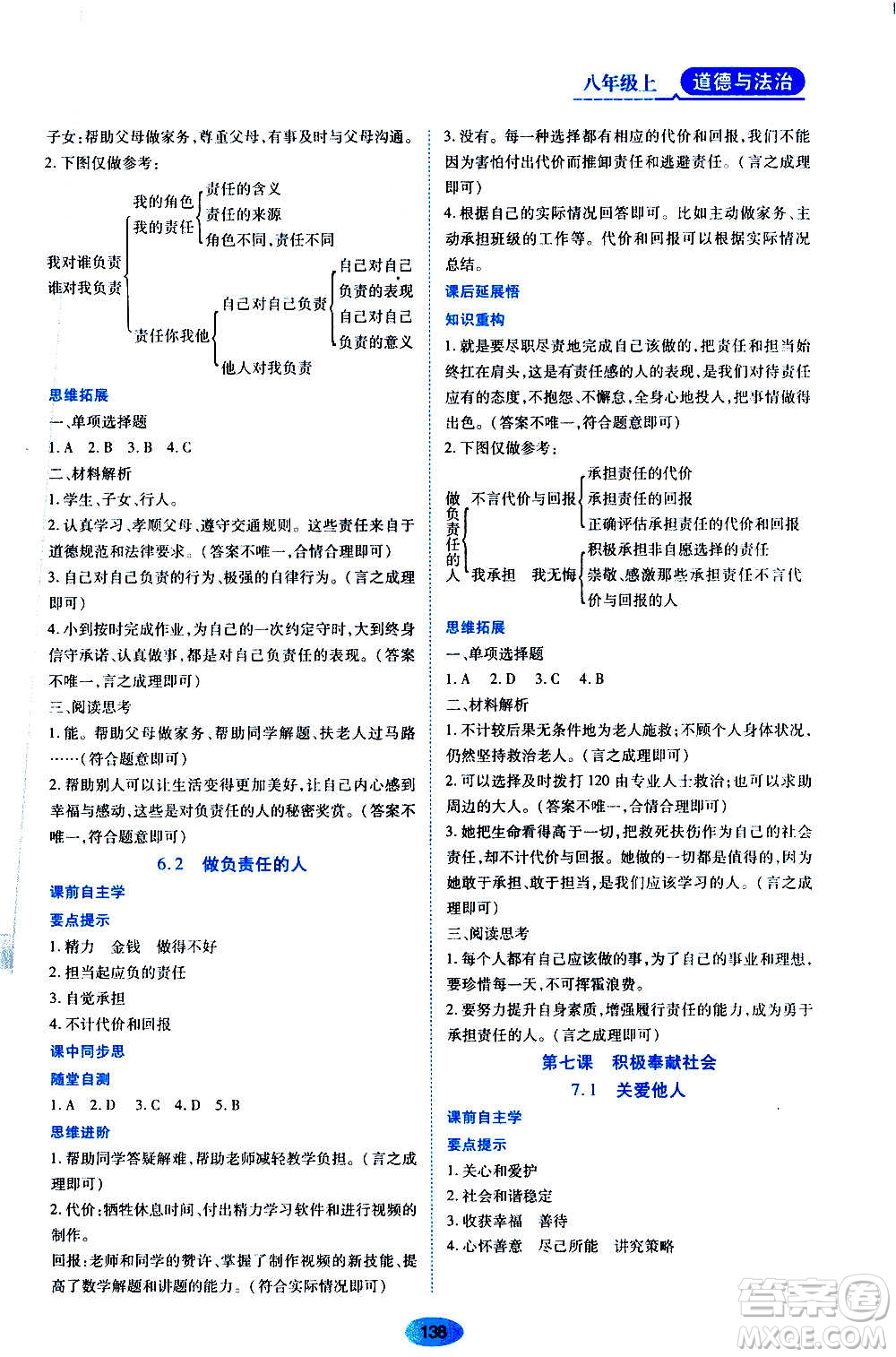 黑龍江教育出版社2020年資源與評價道德與法治八年級上冊人教版答案