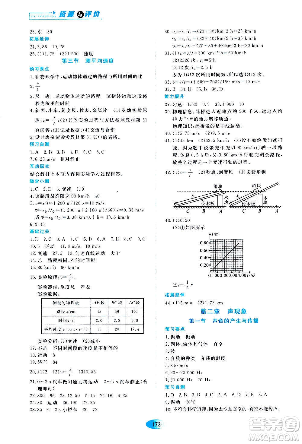 2020年五四學(xué)制資源與評價物理八年級上冊山科技版參考答案