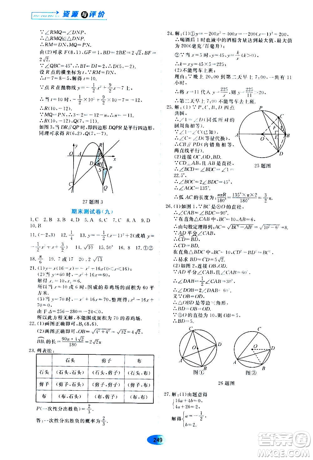 2020年五四學制資源與評價數(shù)學九年級上冊人教版參考答案