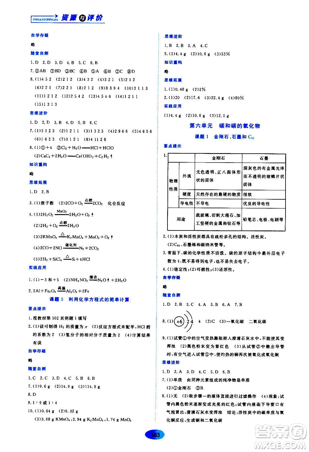 黑龍江教育出版社2020年資源與評價化學九年級上冊人教版參考答案