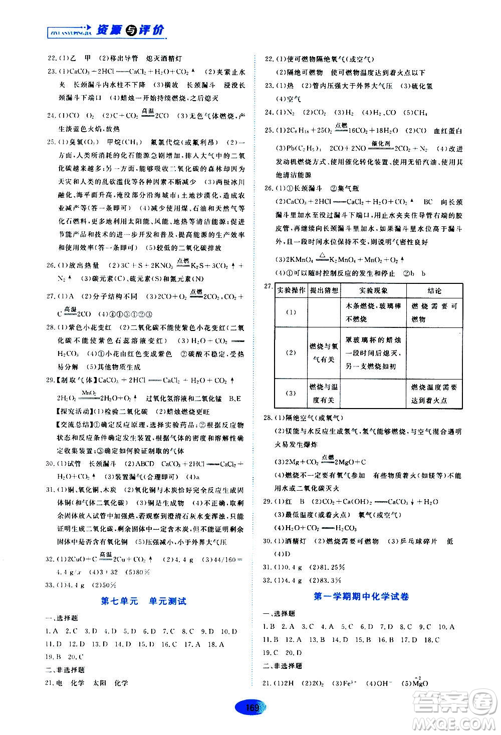 黑龍江教育出版社2020年資源與評價化學九年級上冊人教版參考答案