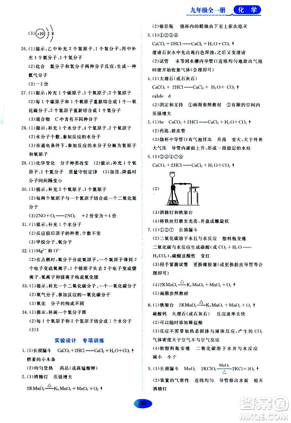 2020年五四學制資源與評價化學九年級全一冊人教版參考答案