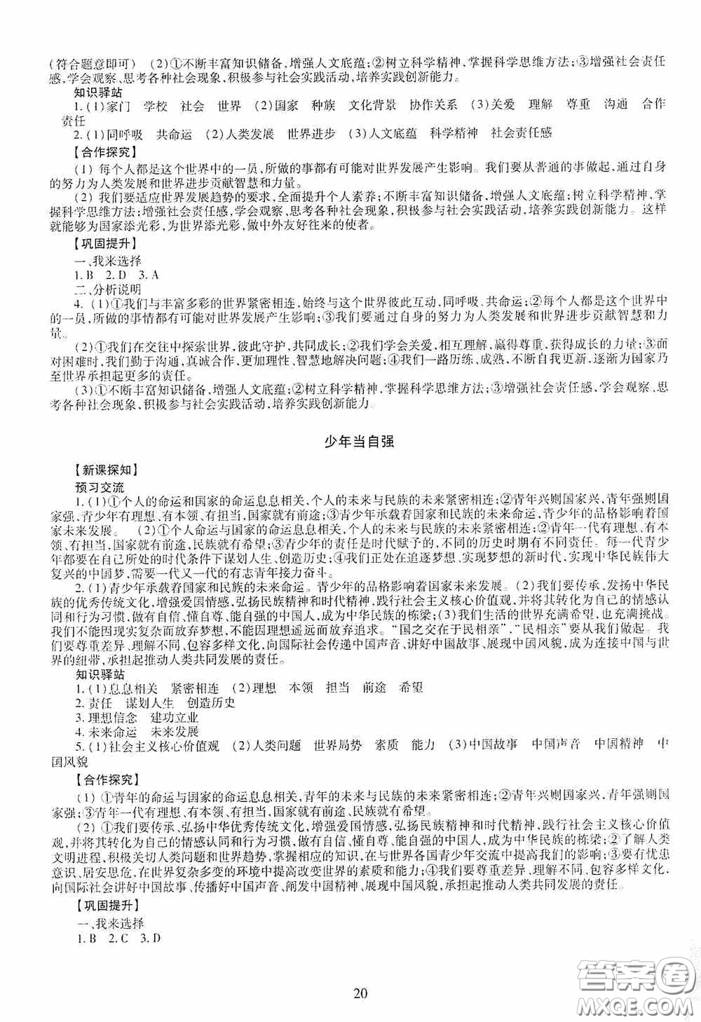 明天出版社2020智慧學(xué)習(xí)九年級(jí)道德與法治全一冊(cè)人教版答案