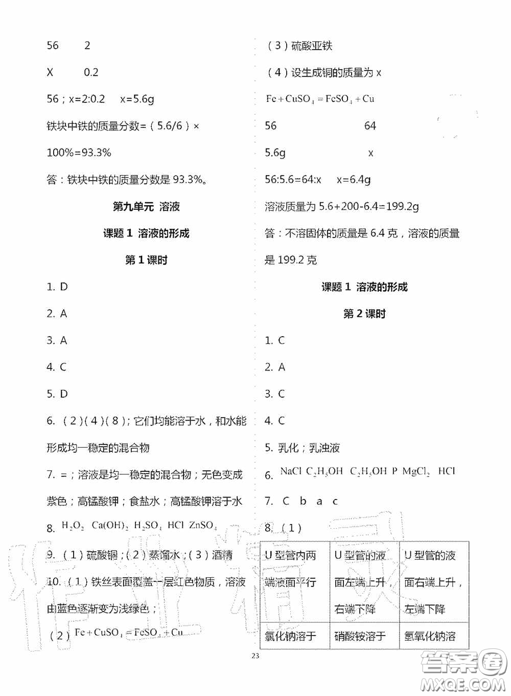 寧夏人民教育出版社2020學習之友九年化學全一冊人教版答案