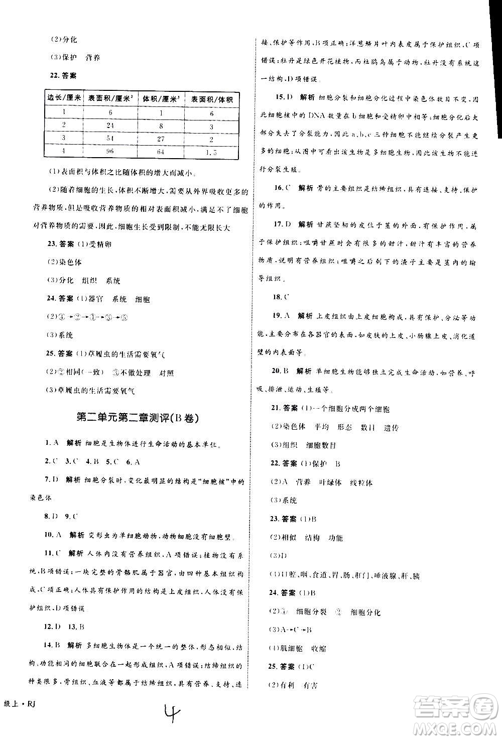 2020年優(yōu)化設(shè)計單元測試卷生物七年級上冊RJ人教版答案