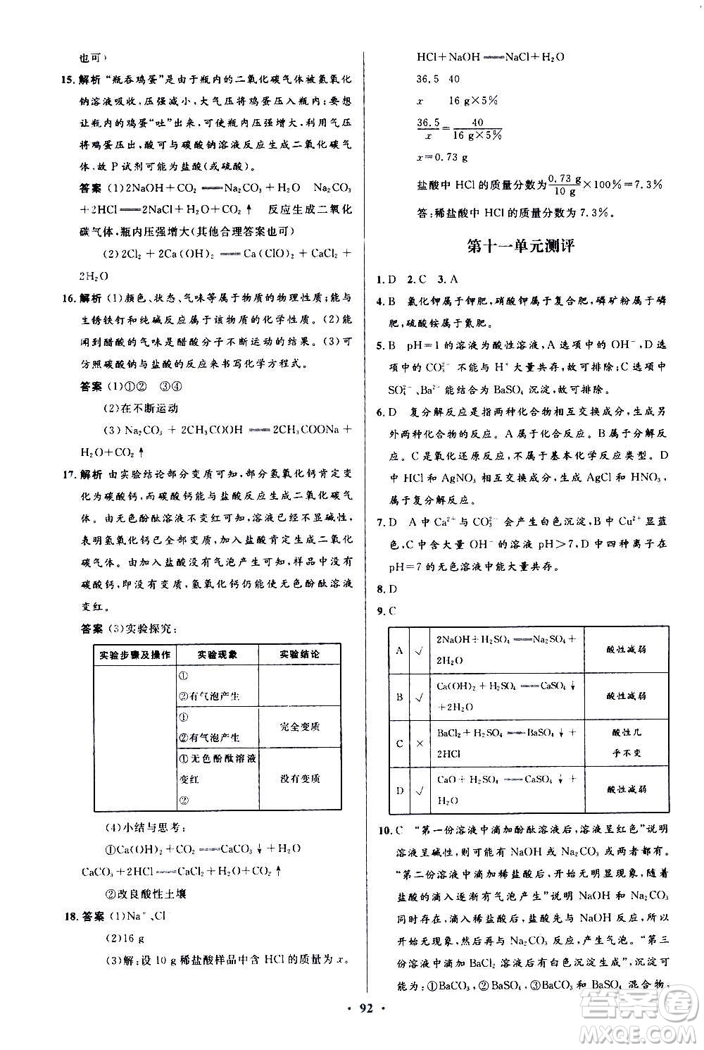 人民教育出版社2020初中同步測控優(yōu)化設(shè)計化學(xué)九年級全一冊人教版答案