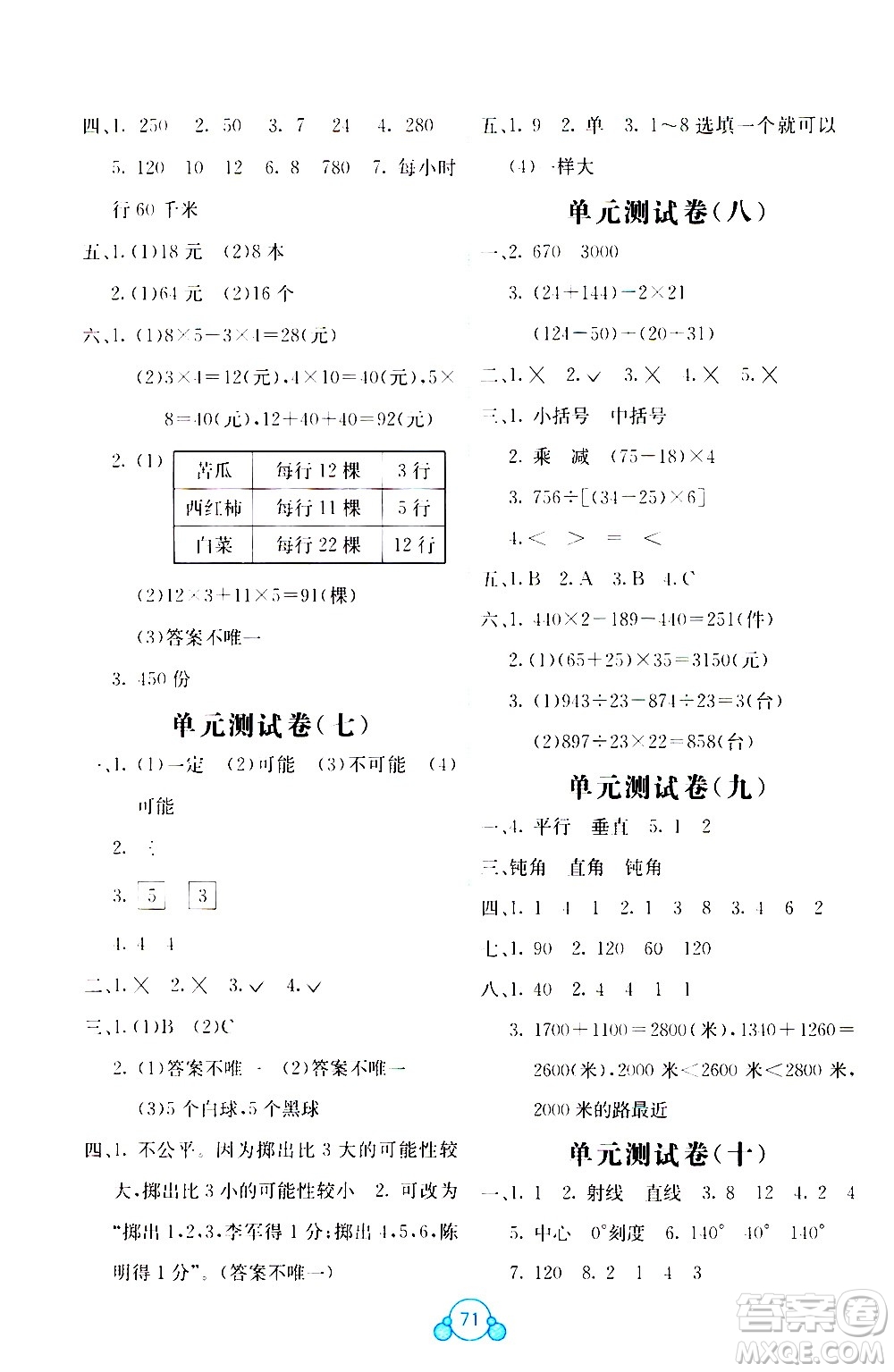 2020年自主學(xué)習(xí)能力測(cè)評(píng)單元測(cè)試數(shù)學(xué)四年級(jí)上冊(cè)B版答案