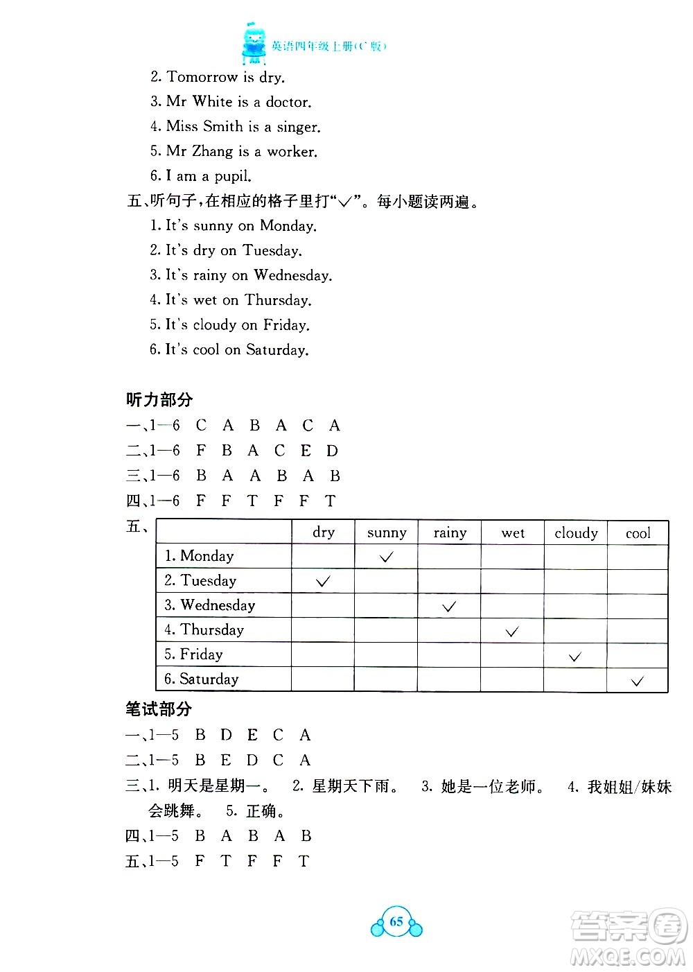 2020年自主學(xué)習(xí)能力測評單元測試英語四年級上冊C版答案